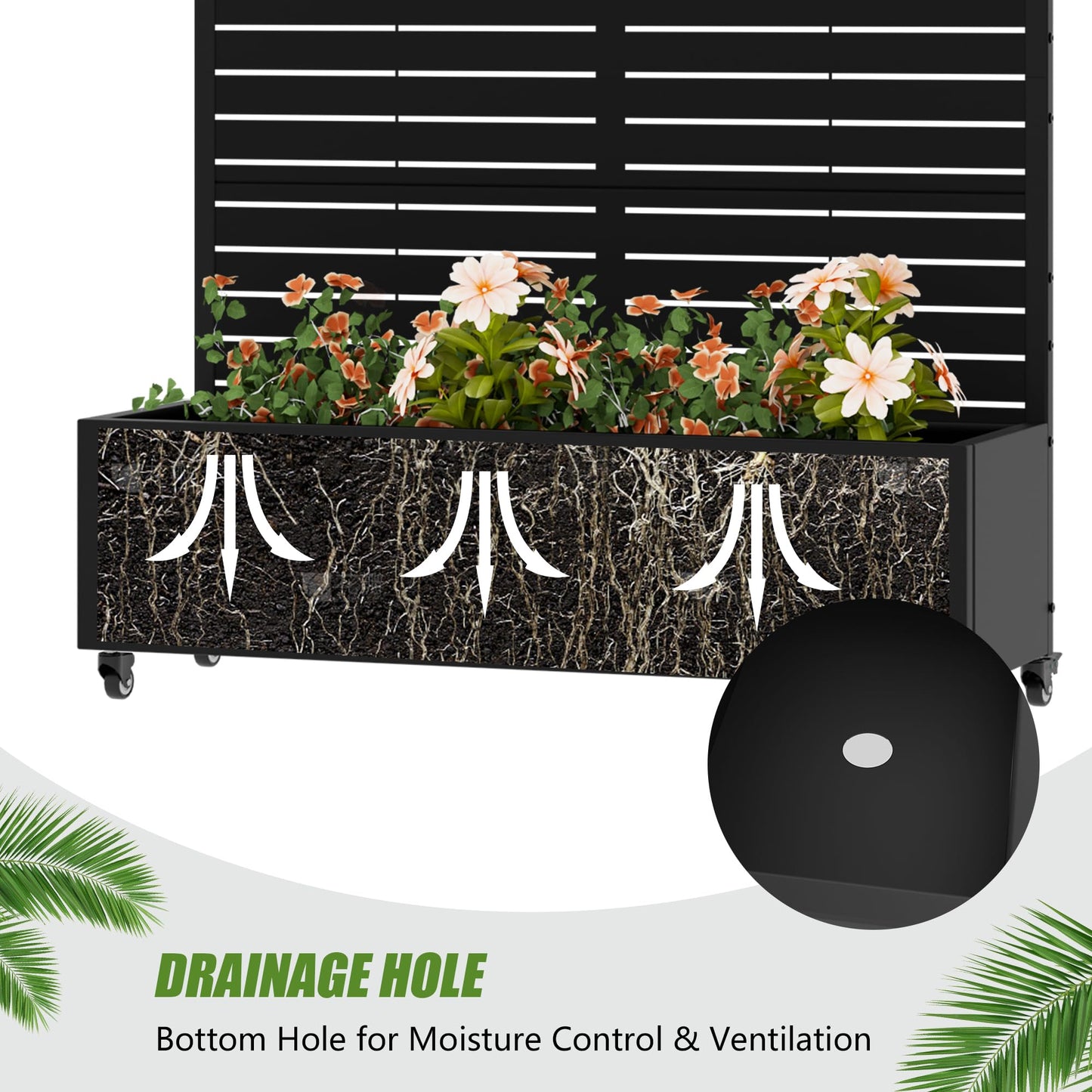 72" H Metal Raised Garden Bed with Trellis and Wheels, Privacy Screen Outdoor Planter Box with Decor Leaf Pattern, Large Mobile Vertical Planter for Patio, Balcony & Backyard