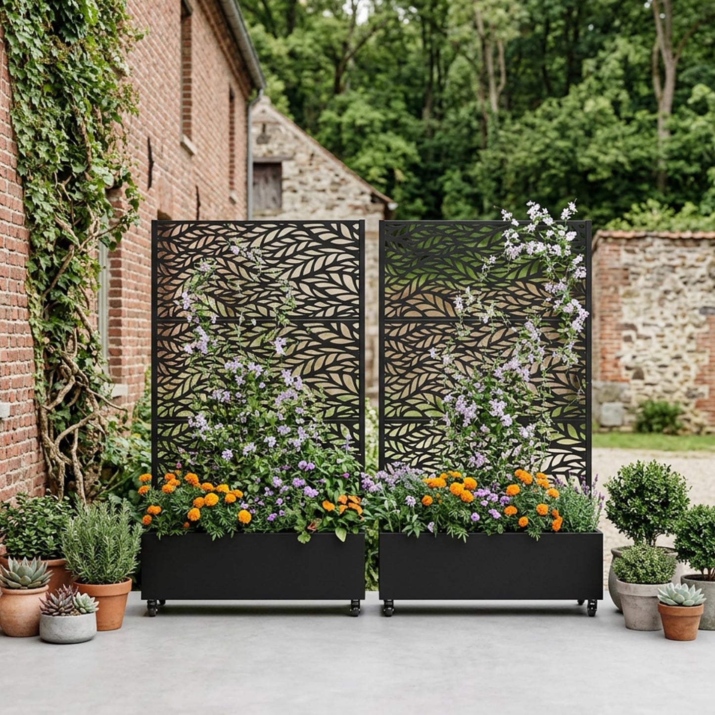 72" H Metal Raised Garden Bed with Trellis and Wheels, Privacy Screen Outdoor Planter Box with Decor Leaf Pattern, Large Mobile Vertical Planter for Patio, Balcony & Backyard