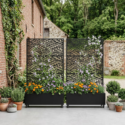 72" H Metal Raised Garden Bed with Trellis and Wheels, Privacy Screen Outdoor Planter Box with Decor Leaf Pattern, Large Mobile Vertical Planter for Patio, Balcony & Backyard