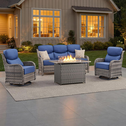Luxury Patio Furniture Set with 6-inch Thick Cushion, Outdoor Furniture with Fire Pit Table, Swivel Chairs, Sofa, Side Table, Ottomans, 9pcs Wicker Conversation Set(Brown Wicker | Grey Cushion)