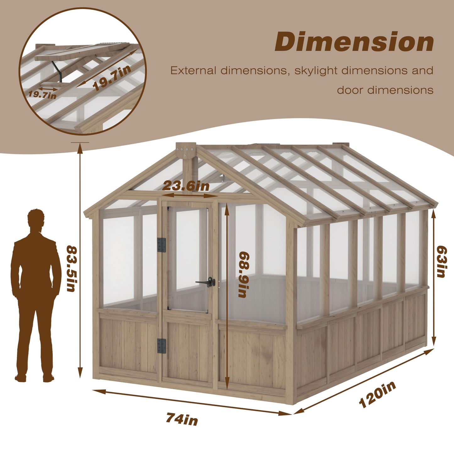 Yardenaler 8x16 FT Greenhouse for Outdoor, 6MM Thick Polycarbonate Panel Wooden Walk-in Green House with Adjustable Roof Vents and Lockable Door, Backyard Garden, Light Mocha Brown