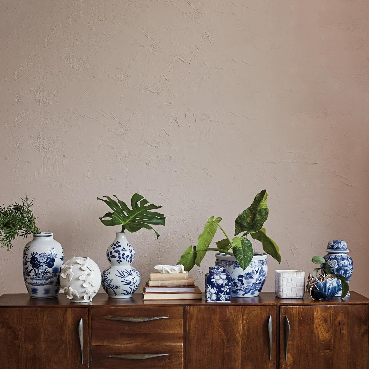 Creative Co-Op Hand-Painted Stoneware Planter, Blue and White