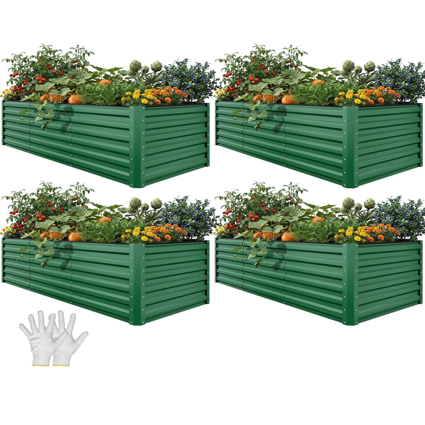 YITAHOME 6pcs 8x4x2 ft Galvanized Raised Garden Bed Kit, Large Metal Planter Box with Gloves, Safety Rubber & Support Rod, Outdoor Flower Bed for Plants Vegetables, Green