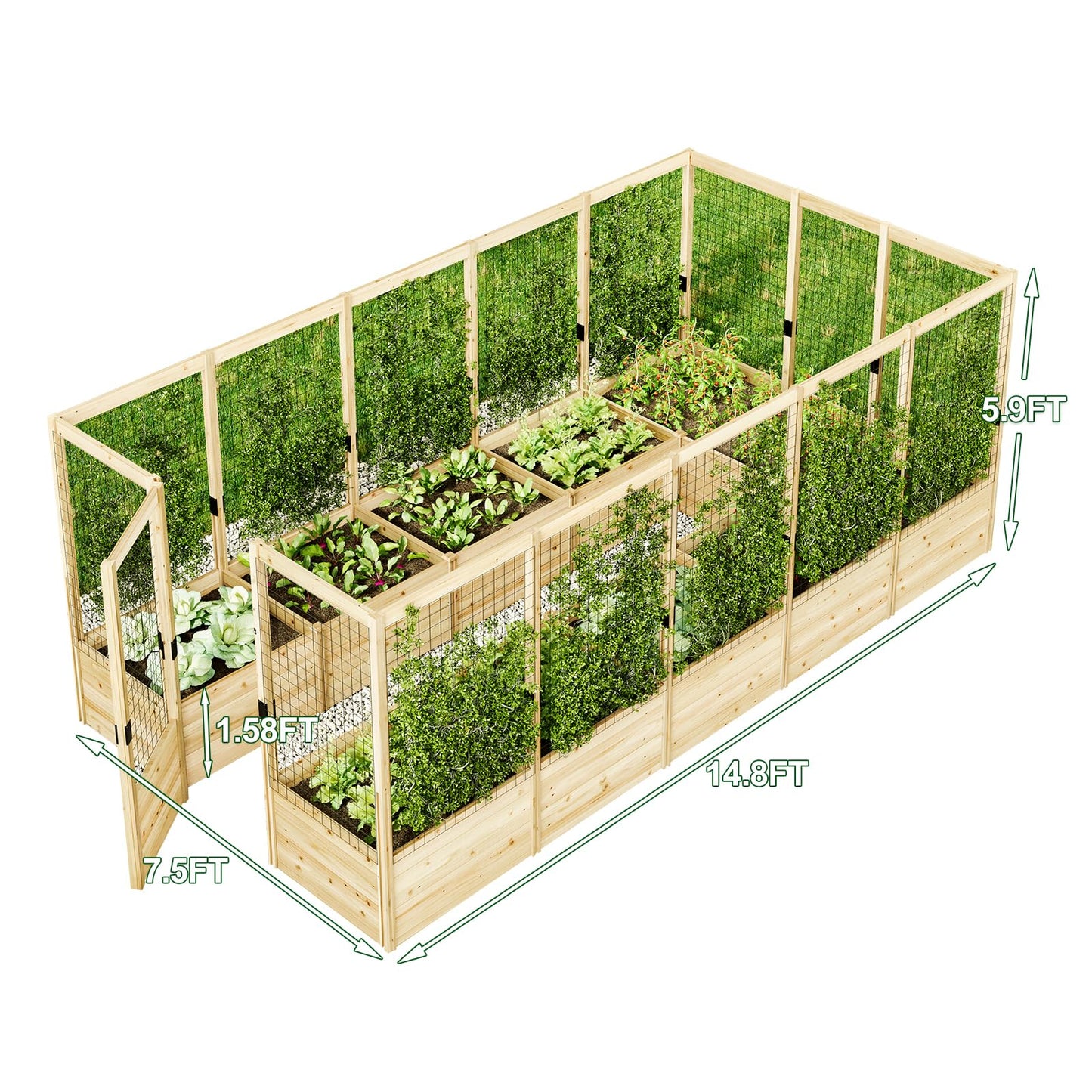 AMERLIFE Raised Garden Bed with Deer Proof Fence, 7.5Wx17Dx6H Outdoor Wooden Raised Garden Bed Planter with 19" Depth Planter Box