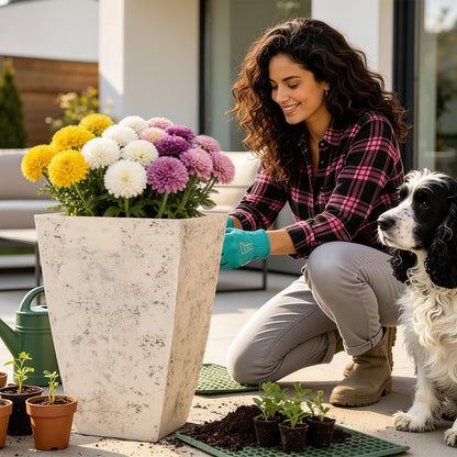 Autodaya 22" Urn Planters Outdoor Planter for Plants Set of 2 Timeless Plastic Large Flower Pot with Drainage Hole Terrazzo White Garden Pots for Porch, Patio Christmas Decor