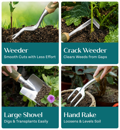 Heavy Duty Gardening Tools - Gardening Gifts for Women, Men, Mom, Dad - Durable, Ergonomic Garden Tools Set (Green)