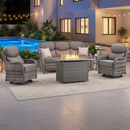 Luxury Patio Furniture Set with 6-inch Thick Cushion, Outdoor Furniture with Fire Pit Table, Swivel Chairs, Sofa, Side Table, Ottomans, 9pcs Wicker Conversation Set(Brown Wicker | Grey Cushion)
