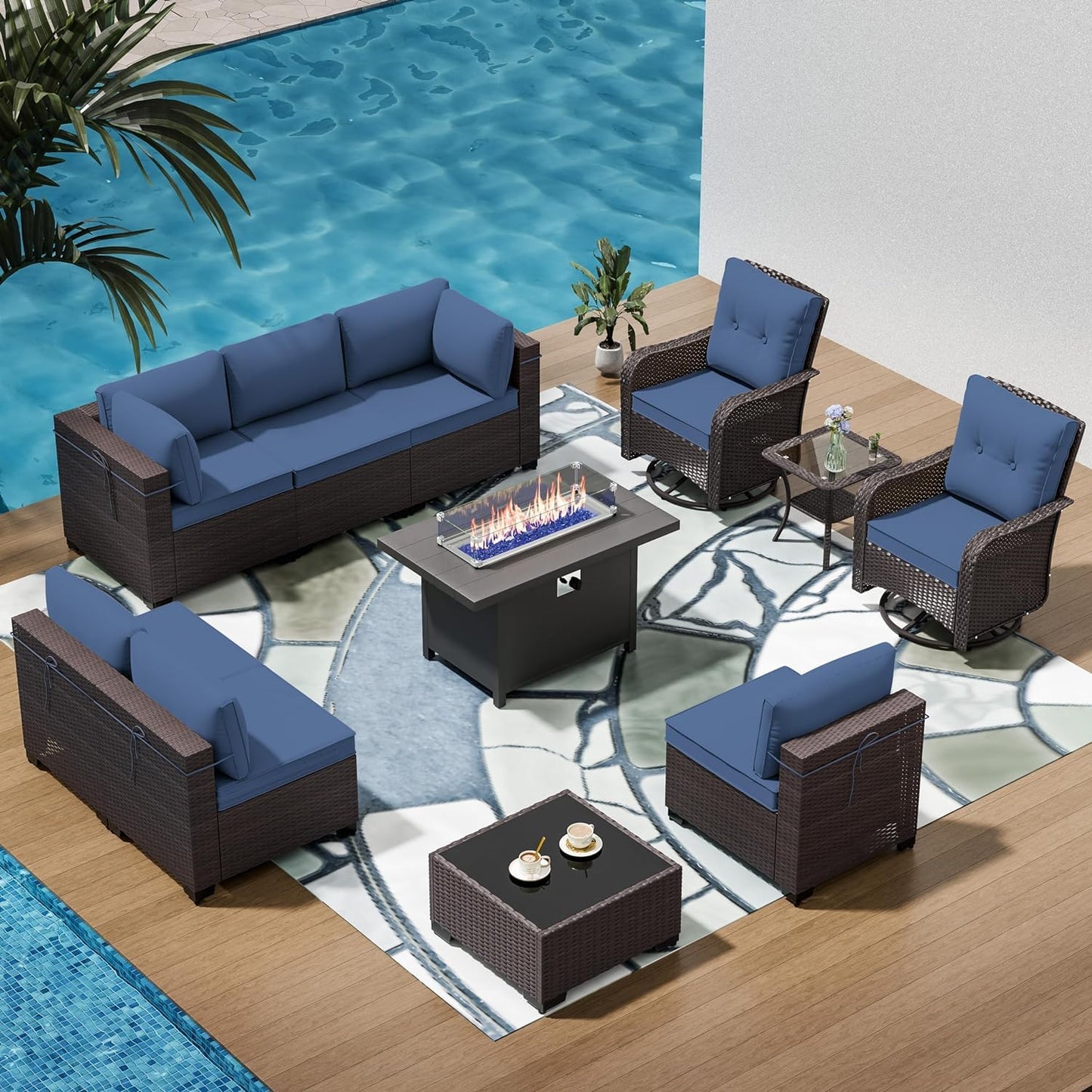13 PCS Outdoor Patio Furniture Set,Outdoor Sectional Furniture with 43" 55000 BTU Gas Propane Fire Pit Table,All Weather PE Rattan Wicker Patio Conversation Set,Navy Blue