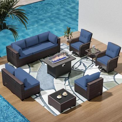 13 PCS Outdoor Patio Furniture Set,Outdoor Sectional Furniture with 43" 55000 BTU Gas Propane Fire Pit Table,All Weather PE Rattan Wicker Patio Conversation Set,Navy Blue