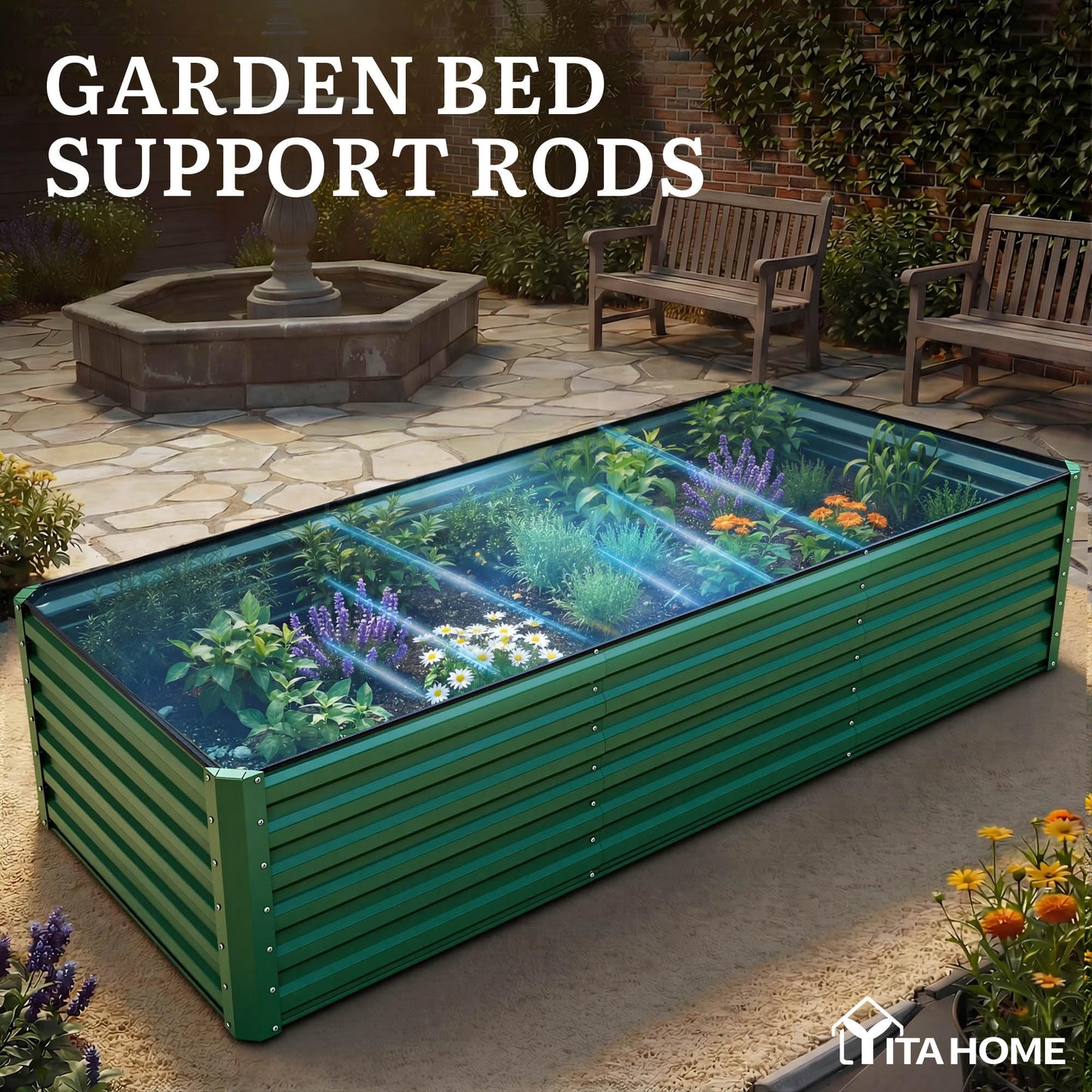 YITAHOME 6pcs 8x4x2 ft Galvanized Raised Garden Bed Kit, Large Metal Planter Box with Gloves, Safety Rubber & Support Rod, Outdoor Flower Bed for Plants Vegetables, Green
