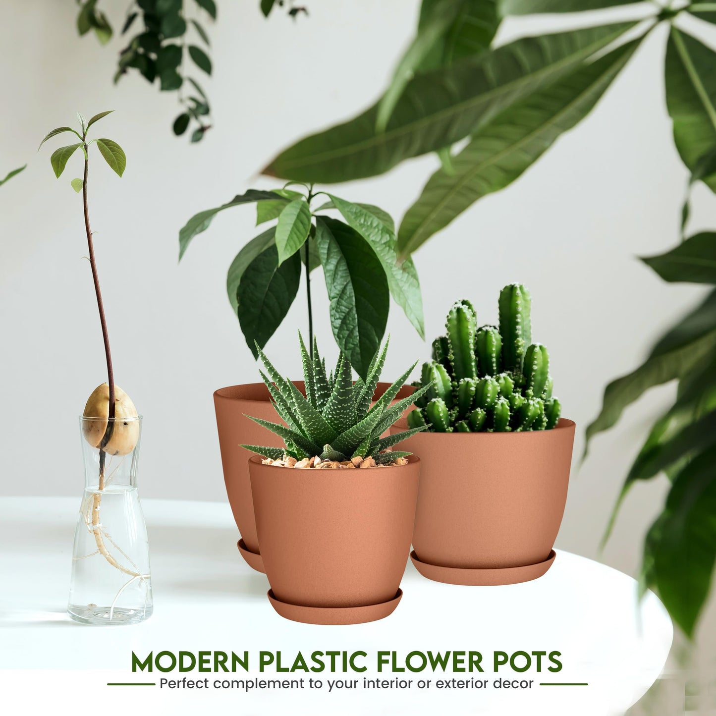 Utopia Home Plant Pots Indoor with Drainage Holes – Set of 5 White Plastic Flower Pots (7/6.6/6/5.3/4.8 Inch) – Modern Planters for Indoor Plants, Room & Office Décor, Great Stocking Stuffers