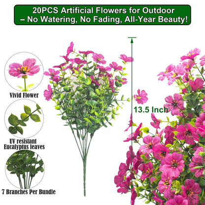 Grunyia 20 Bundles Artificial Flowers for Outdoors, UV Resistant Fake Plants Flowers Greenery Shrubs Plants for Decoration Outside Plants Hanging Planter Home Garden Decor