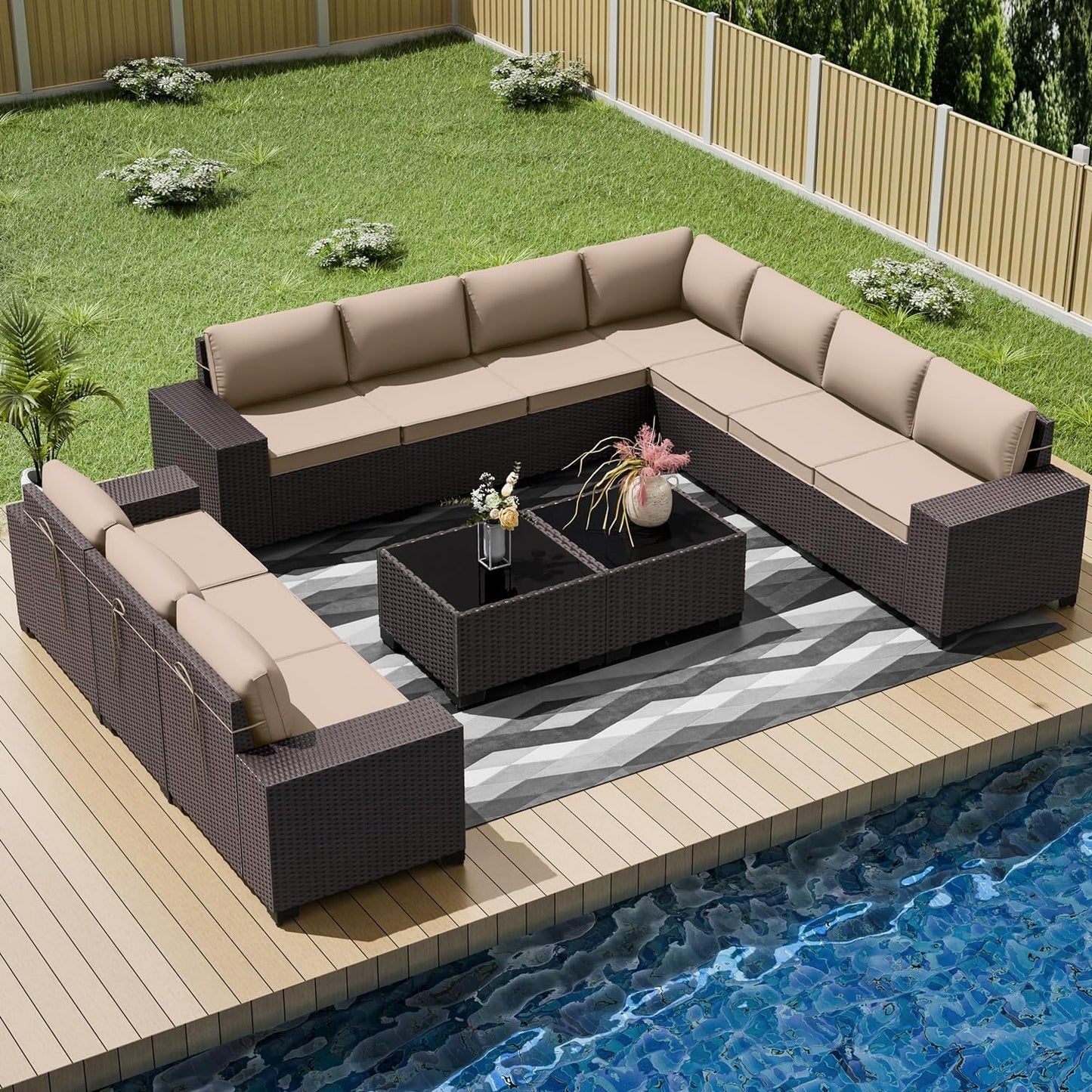 13 PCS Outdoor Patio Furniture Set,Outdoor Sectional Furniture with 43" 55000 BTU Gas Propane Fire Pit Table,All Weather PE Rattan Wicker Patio Conversation Set,Navy Blue