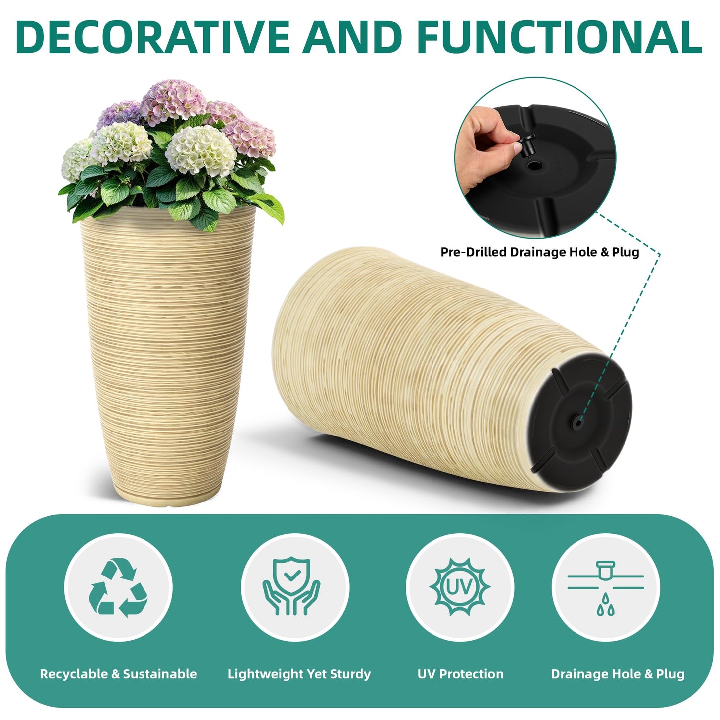 Autodaya 22" Urn Planters Outdoor Planter for Plants Set of 2 Timeless Plastic Large Flower Pot with Drainage Hole Terrazzo White Garden Pots for Porch, Patio Christmas Decor