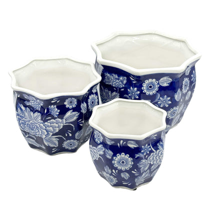 Galt International Blue & White Round Fluted Classic Floral Porcelain Ceramic Plant Flower Planter Pot Set of 3 (7.5", 10", 13") Garden Pots Chinese Asian Design