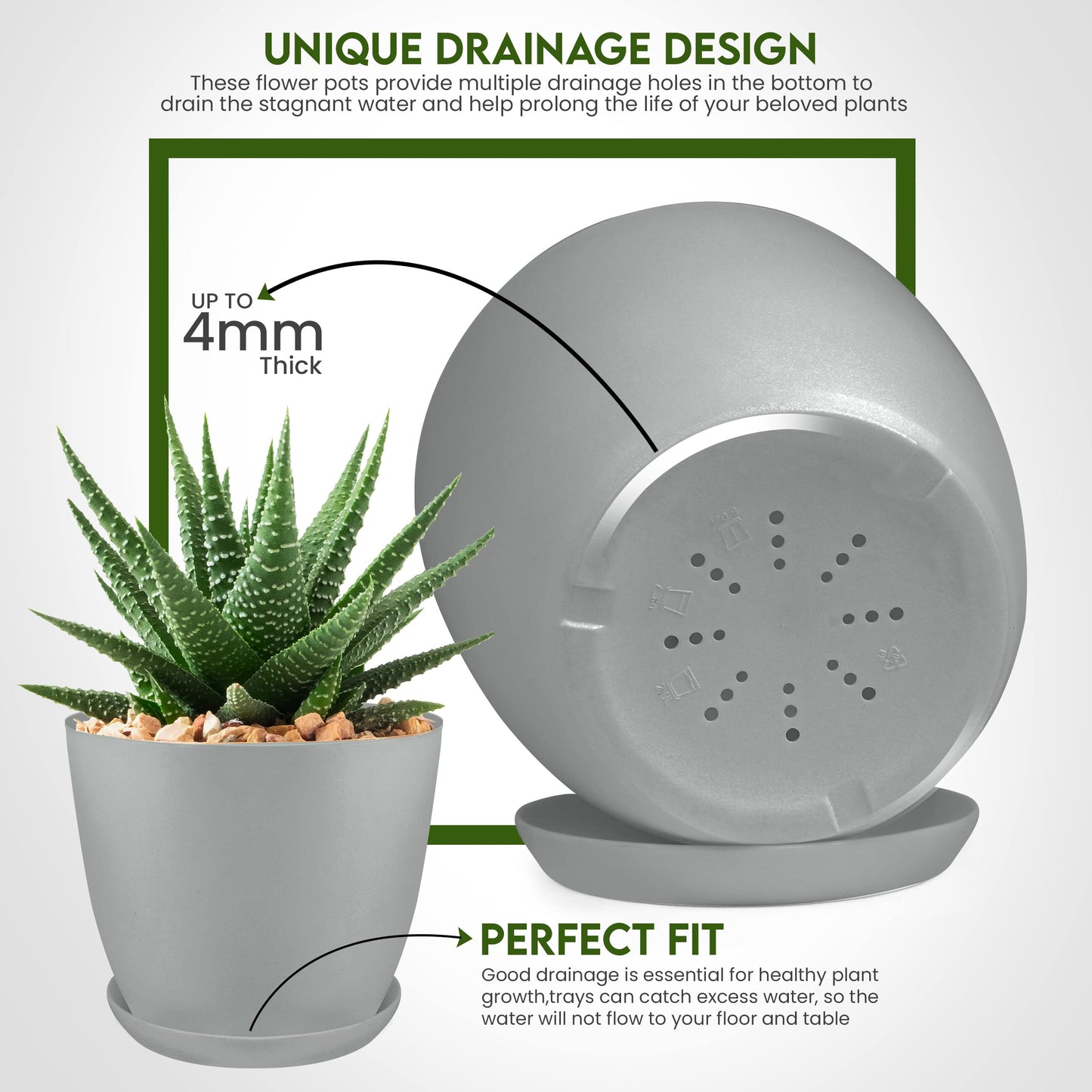 Utopia Home Plant Pots Indoor with Drainage Holes – Set of 5 White Plastic Flower Pots (7/6.6/6/5.3/4.8 Inch) – Modern Planters for Indoor Plants, Room & Office Décor, Great Stocking Stuffers