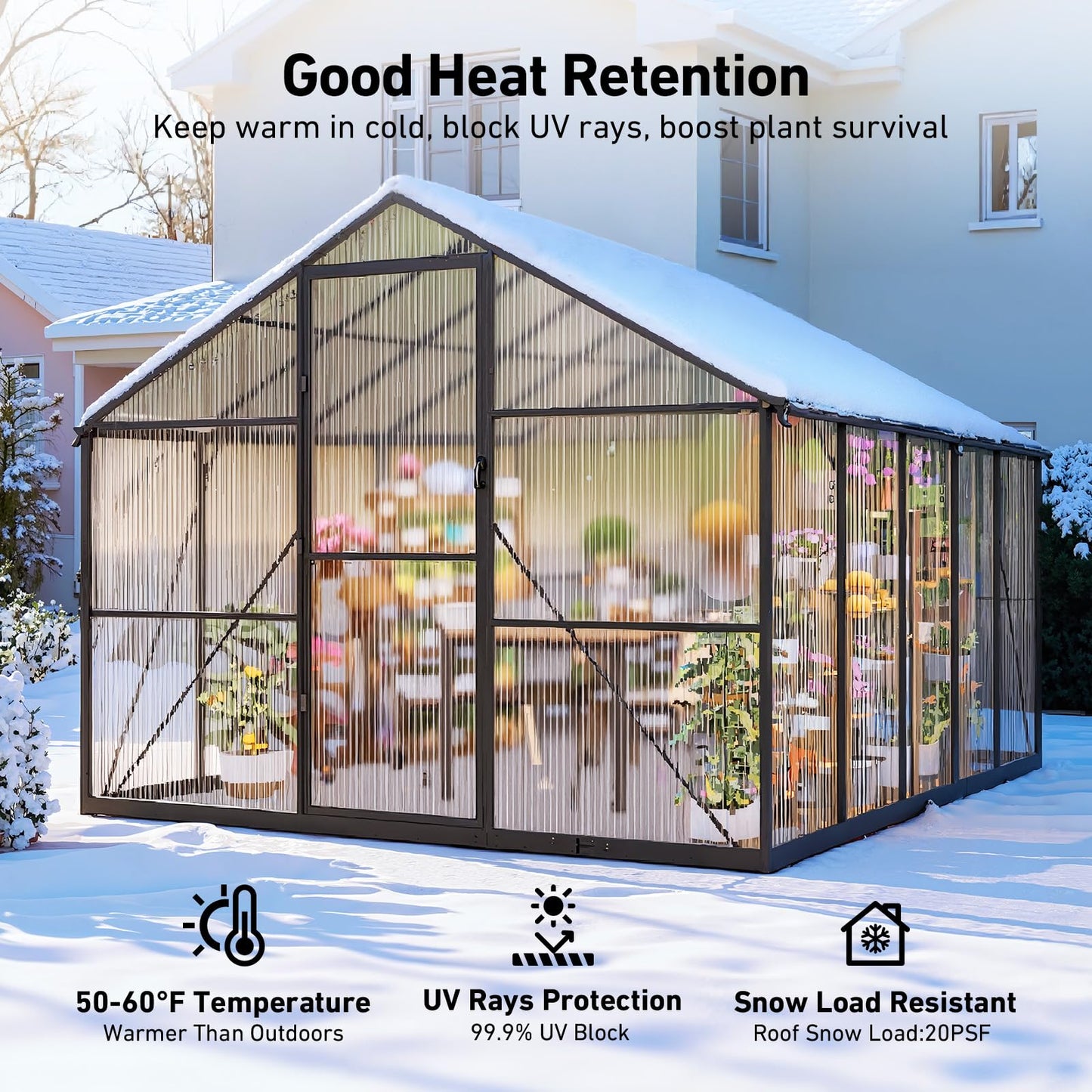 12x12 FT T-Shape Greenhouses, Polycarbonate Green House with UV Protection, Heavy Duty Greenhouse with Windproof Aluminum Frame, Roof Vent & Quick-Install Design for Backyard or Garden Use