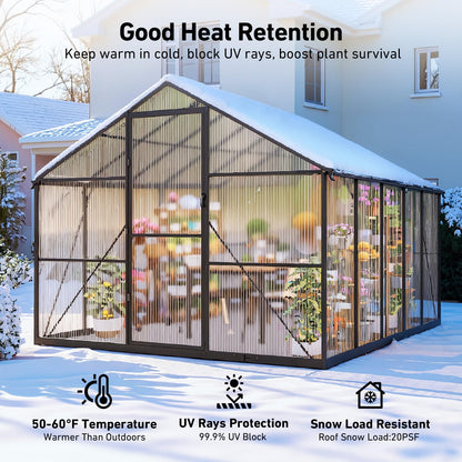 12x12 FT T-Shape Greenhouses, Polycarbonate Green House with UV Protection, Heavy Duty Greenhouse with Windproof Aluminum Frame, Roof Vent & Quick-Install Design for Backyard or Garden Use