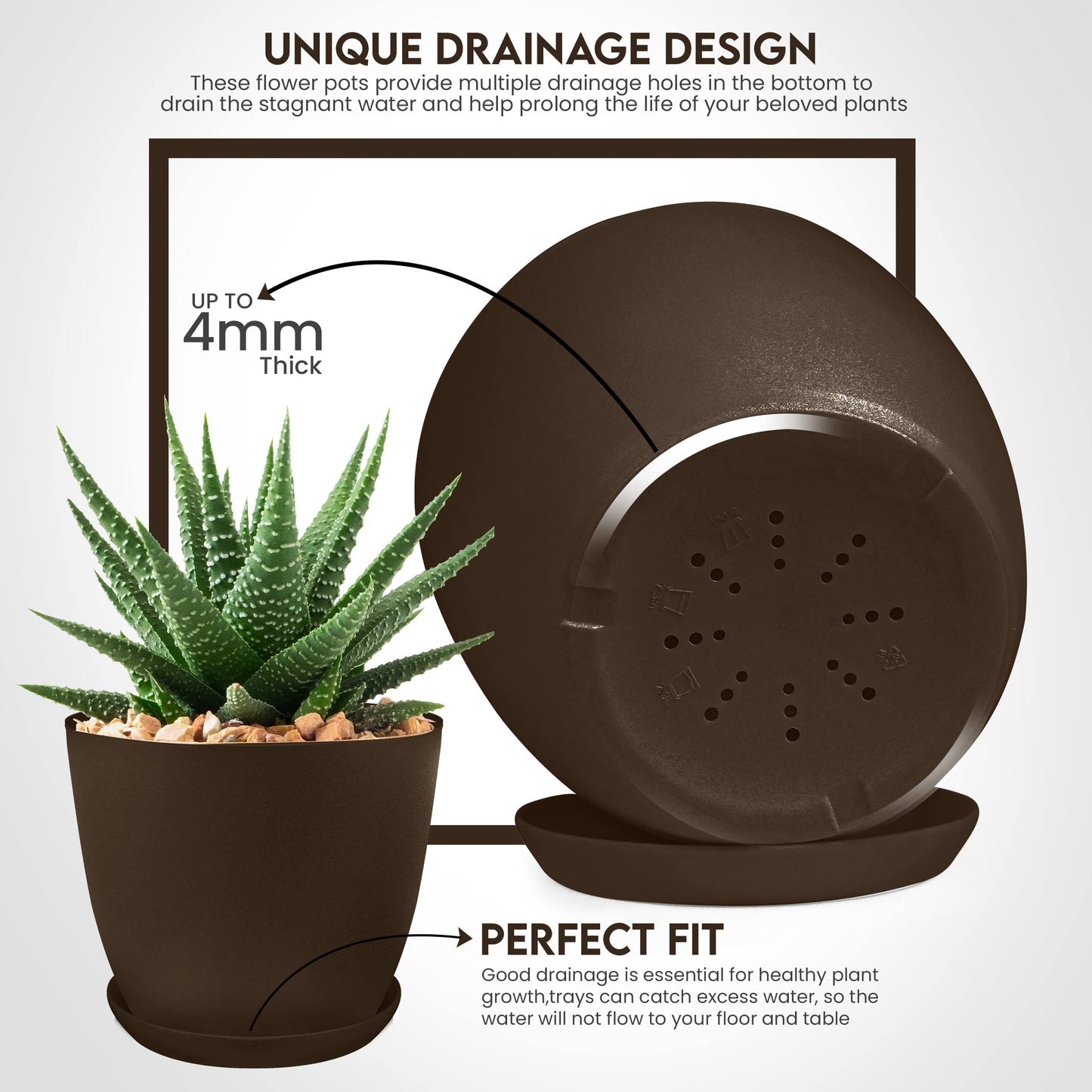Utopia Home Plant Pots Indoor with Drainage Holes – Set of 5 White Plastic Flower Pots (7/6.6/6/5.3/4.8 Inch) – Modern Planters for Indoor Plants, Room & Office Décor, Great Stocking Stuffers