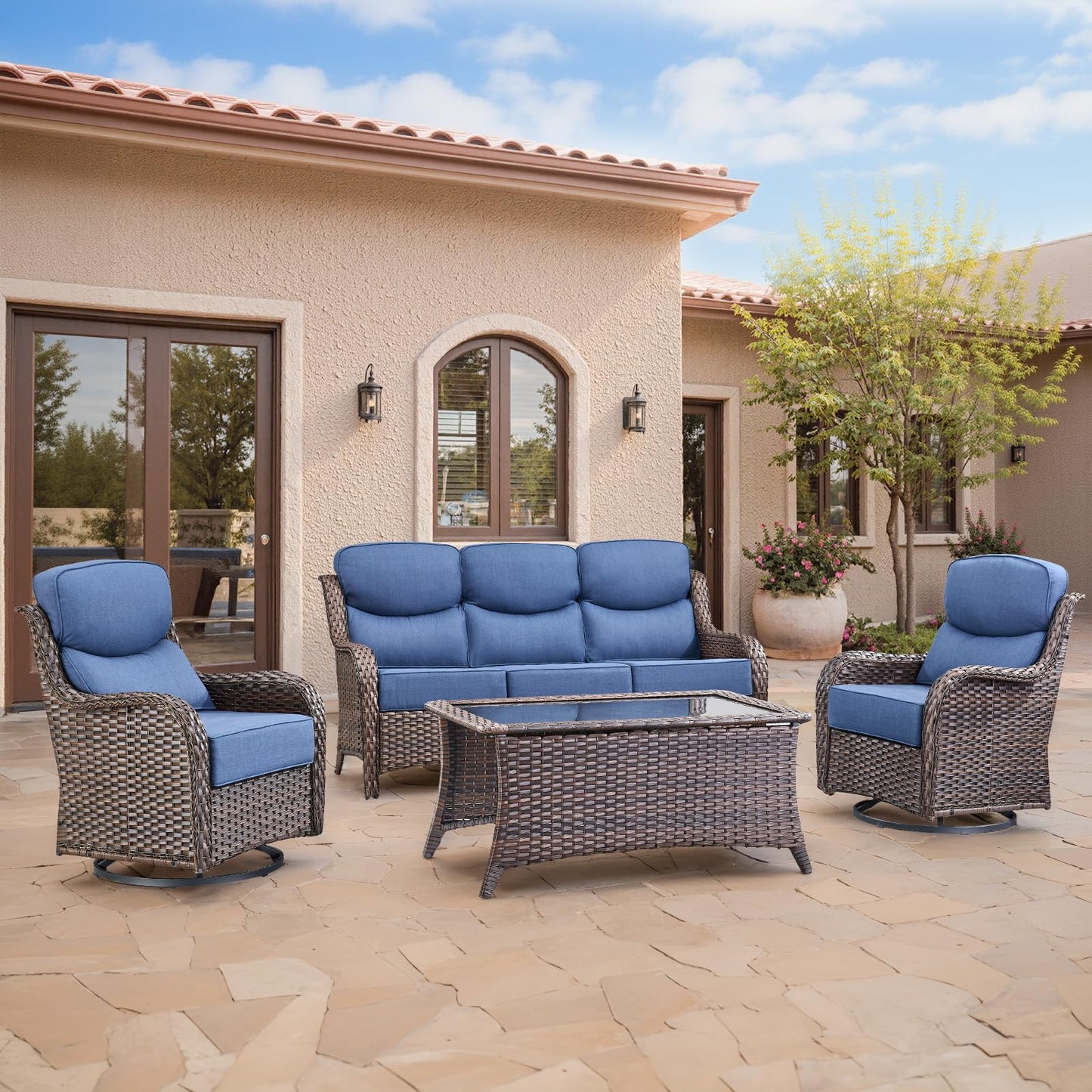 Luxury Patio Furniture Set with 6-inch Thick Cushion, Outdoor Furniture with Fire Pit Table, Swivel Chairs, Sofa, Side Table, Ottomans, 9pcs Wicker Conversation Set(Brown Wicker | Grey Cushion)