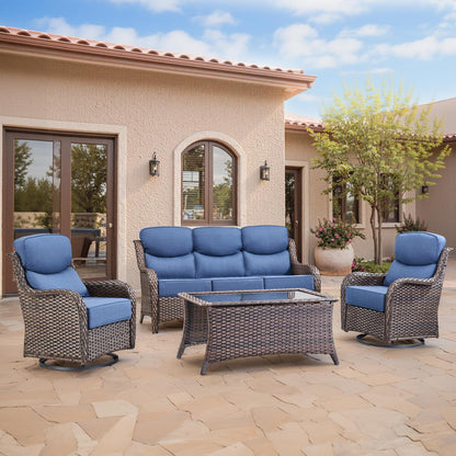 Luxury Patio Furniture Set with 6-inch Thick Cushion, Outdoor Furniture with Fire Pit Table, Swivel Chairs, Sofa, Side Table, Ottomans, 9pcs Wicker Conversation Set(Brown Wicker | Grey Cushion)