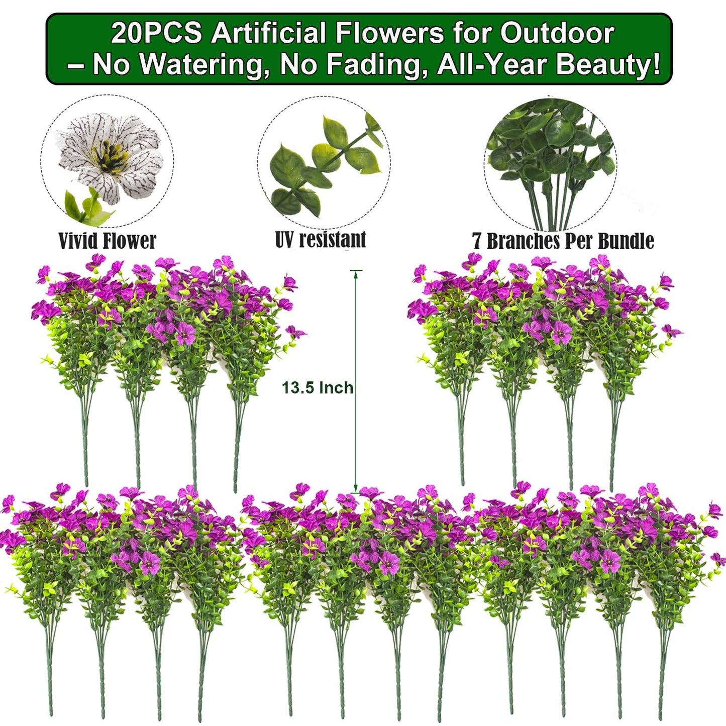 Grunyia 20 Bundles Artificial Flowers for Outdoors, UV Resistant Fake Plants Flowers Greenery Shrubs Plants for Decoration Outside Plants Hanging Planter Home Garden Decor