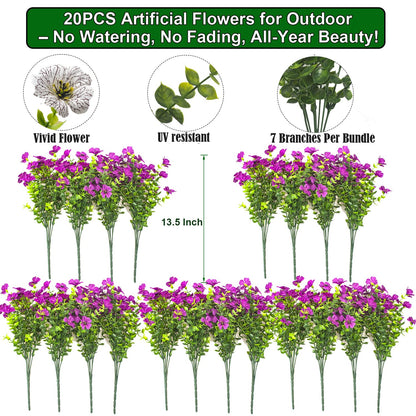 Grunyia 20 Bundles Artificial Flowers for Outdoors, UV Resistant Fake Plants Flowers Greenery Shrubs Plants for Decoration Outside Plants Hanging Planter Home Garden Decor