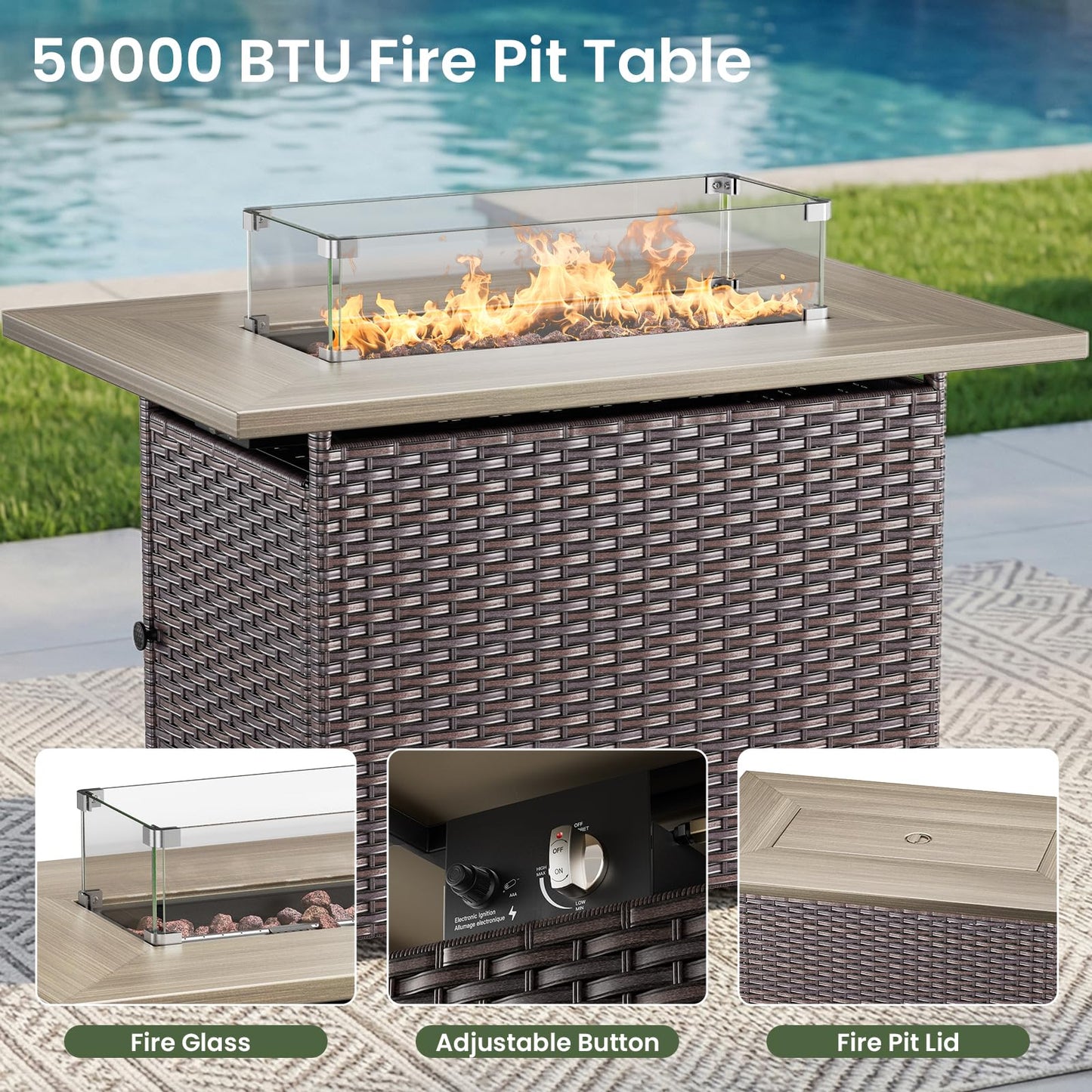 Luxury Patio Furniture Set with 6-inch Thick Cushion, Outdoor Furniture with Fire Pit Table, Swivel Chairs, Sofa, Side Table, Ottomans, 9pcs Wicker Conversation Set(Brown Wicker | Grey Cushion)