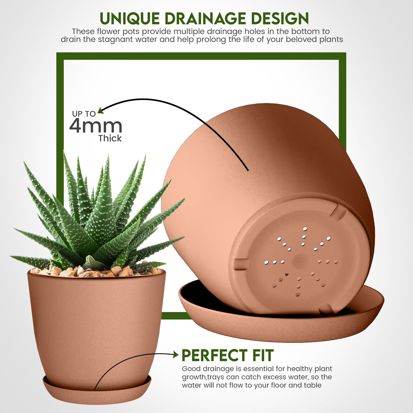 Utopia Home Plant Pots Indoor with Drainage Holes – Set of 5 White Plastic Flower Pots (7/6.6/6/5.3/4.8 Inch) – Modern Planters for Indoor Plants, Room & Office Décor, Great Stocking Stuffers