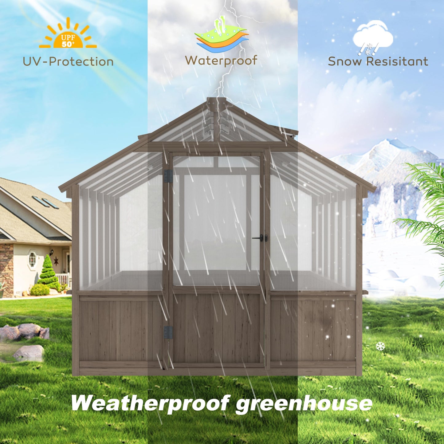 Yardenaler 8x16 FT Greenhouse for Outdoor, 6MM Thick Polycarbonate Panel Wooden Walk-in Green House with Adjustable Roof Vents and Lockable Door, Backyard Garden, Light Mocha Brown