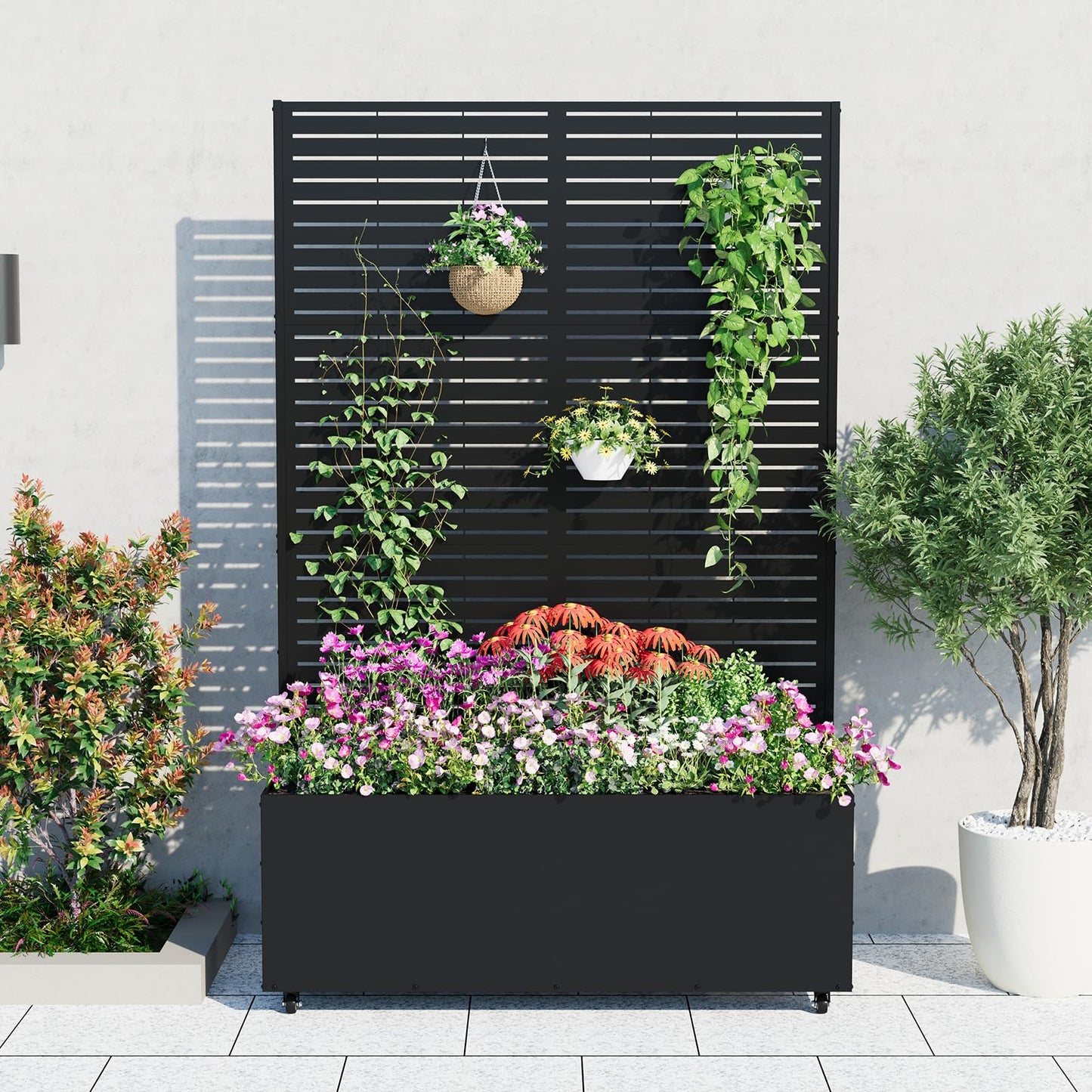GarveeLife Metal Planter Box with Trellis, 71"x47"x16" Raised Garden Bed for Climbing Plants, Vegetables, Vines, Privacy Planters for Patio with Drainage Holes, 15.7" Deep Planting Bed