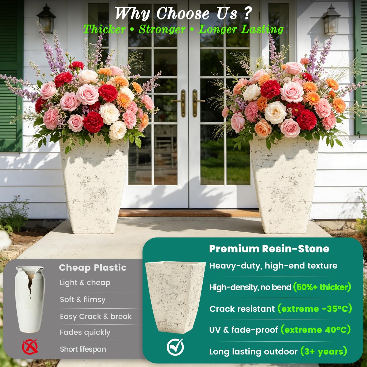 Autodaya 22" Urn Planters Outdoor Planter for Plants Set of 2 Timeless Plastic Large Flower Pot with Drainage Hole Terrazzo White Garden Pots for Porch, Patio Christmas Decor