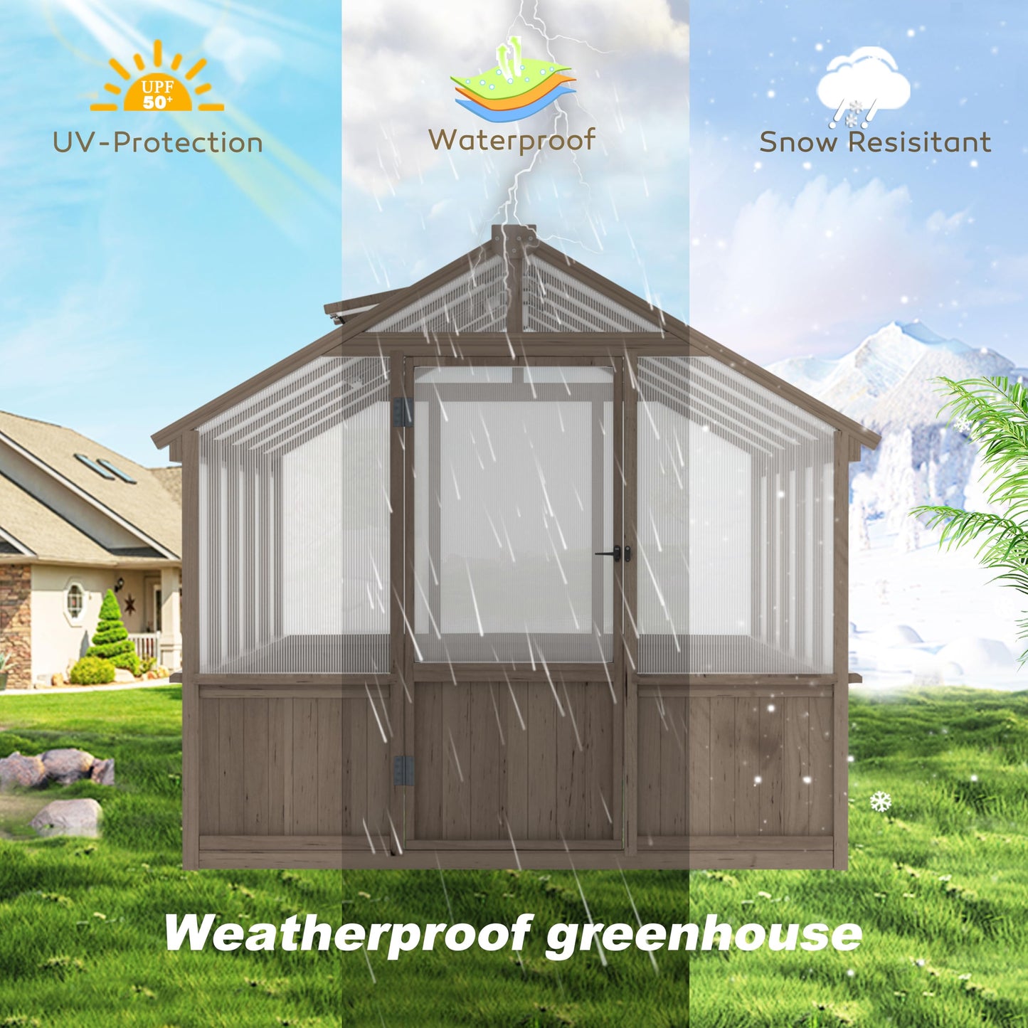 Yardenaler 8x16 FT Greenhouse for Outdoor, 6MM Thick Polycarbonate Panel Wooden Walk-in Green House with Adjustable Roof Vents and Lockable Door, Backyard Garden, Light Mocha Brown