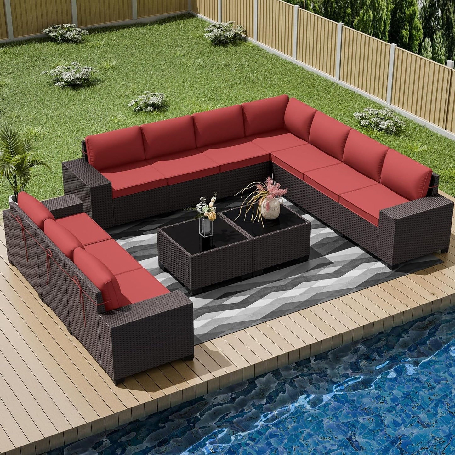 13 PCS Outdoor Patio Furniture Set,Outdoor Sectional Furniture with 43" 55000 BTU Gas Propane Fire Pit Table,All Weather PE Rattan Wicker Patio Conversation Set,Navy Blue