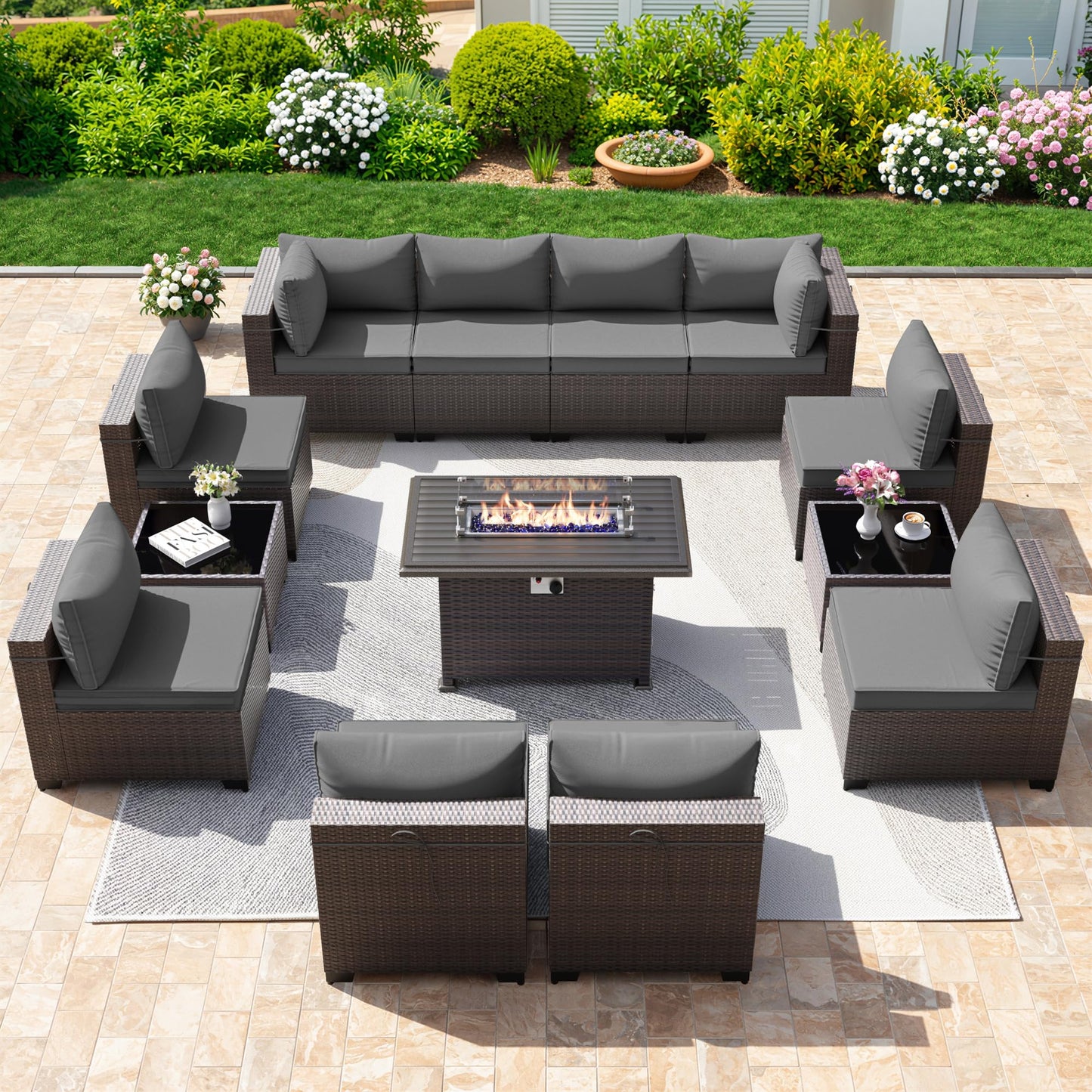 13 PCS Outdoor Patio Furniture Set,Outdoor Sectional Furniture with 43" 55000 BTU Gas Propane Fire Pit Table,All Weather PE Rattan Wicker Patio Conversation Set,Navy Blue