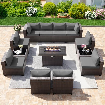 13 PCS Outdoor Patio Furniture Set,Outdoor Sectional Furniture with 43" 55000 BTU Gas Propane Fire Pit Table,All Weather PE Rattan Wicker Patio Conversation Set,Navy Blue
