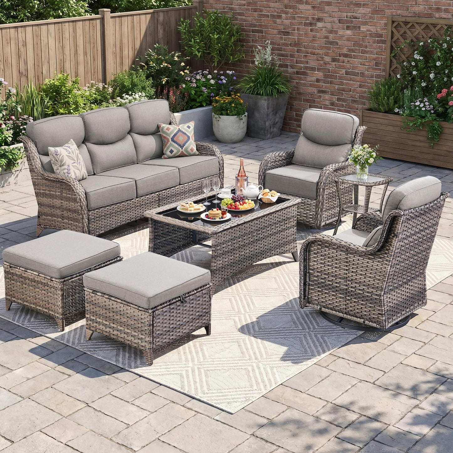 Luxury Patio Furniture Set with 6-inch Thick Cushion, Outdoor Furniture with Fire Pit Table, Swivel Chairs, Sofa, Side Table, Ottomans, 9pcs Wicker Conversation Set(Brown Wicker | Grey Cushion)