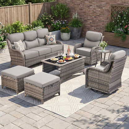 Luxury Patio Furniture Set with 6-inch Thick Cushion, Outdoor Furniture with Fire Pit Table, Swivel Chairs, Sofa, Side Table, Ottomans, 9pcs Wicker Conversation Set(Brown Wicker | Grey Cushion)