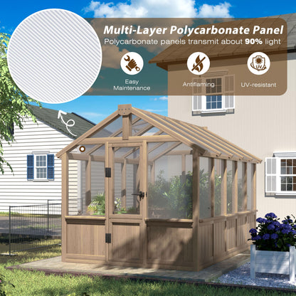Yardenaler 8x16 FT Greenhouse for Outdoor, 6MM Thick Polycarbonate Panel Wooden Walk-in Green House with Adjustable Roof Vents and Lockable Door, Backyard Garden, Light Mocha Brown