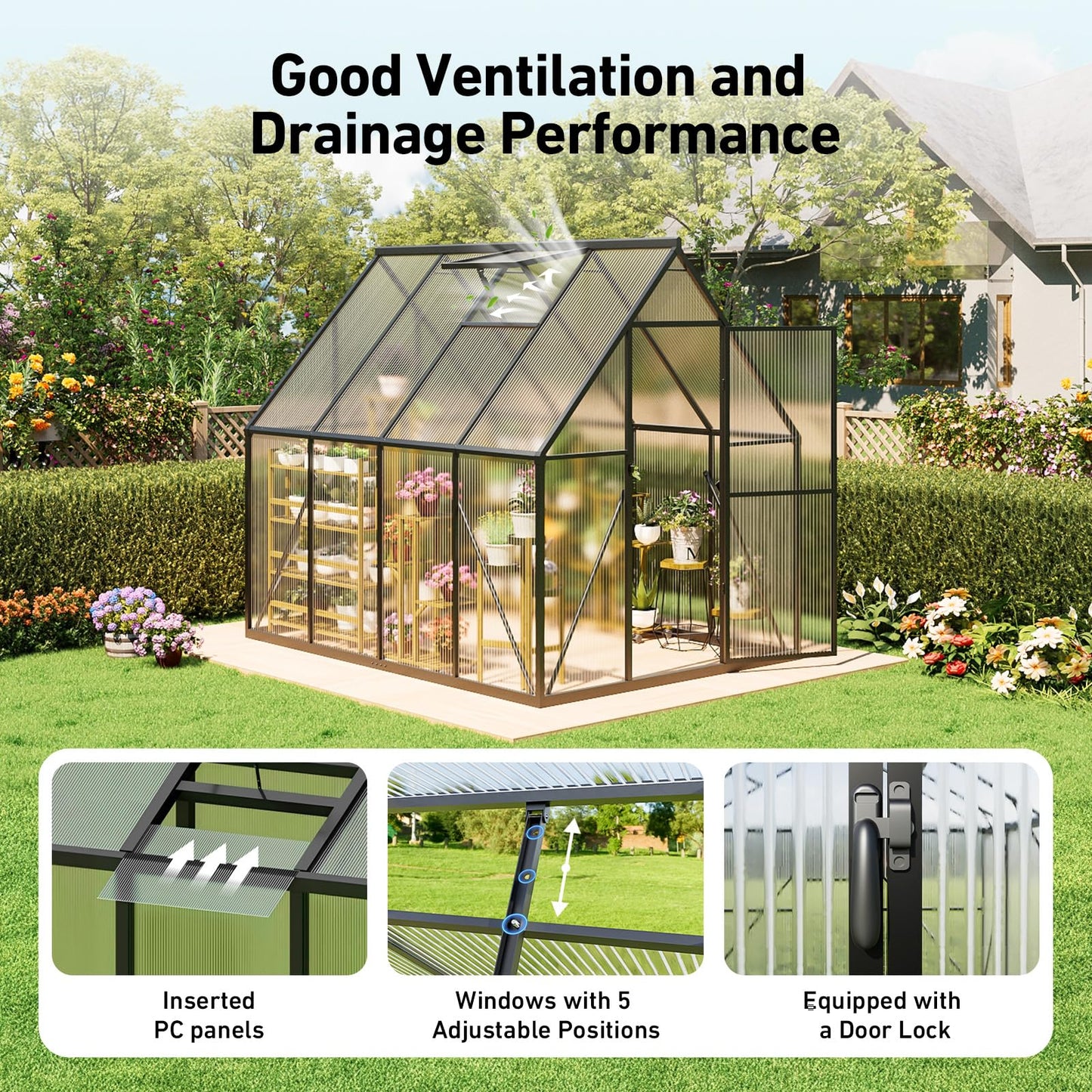 12x12 FT T-Shape Greenhouses, Polycarbonate Green House with UV Protection, Heavy Duty Greenhouse with Windproof Aluminum Frame, Roof Vent & Quick-Install Design for Backyard or Garden Use