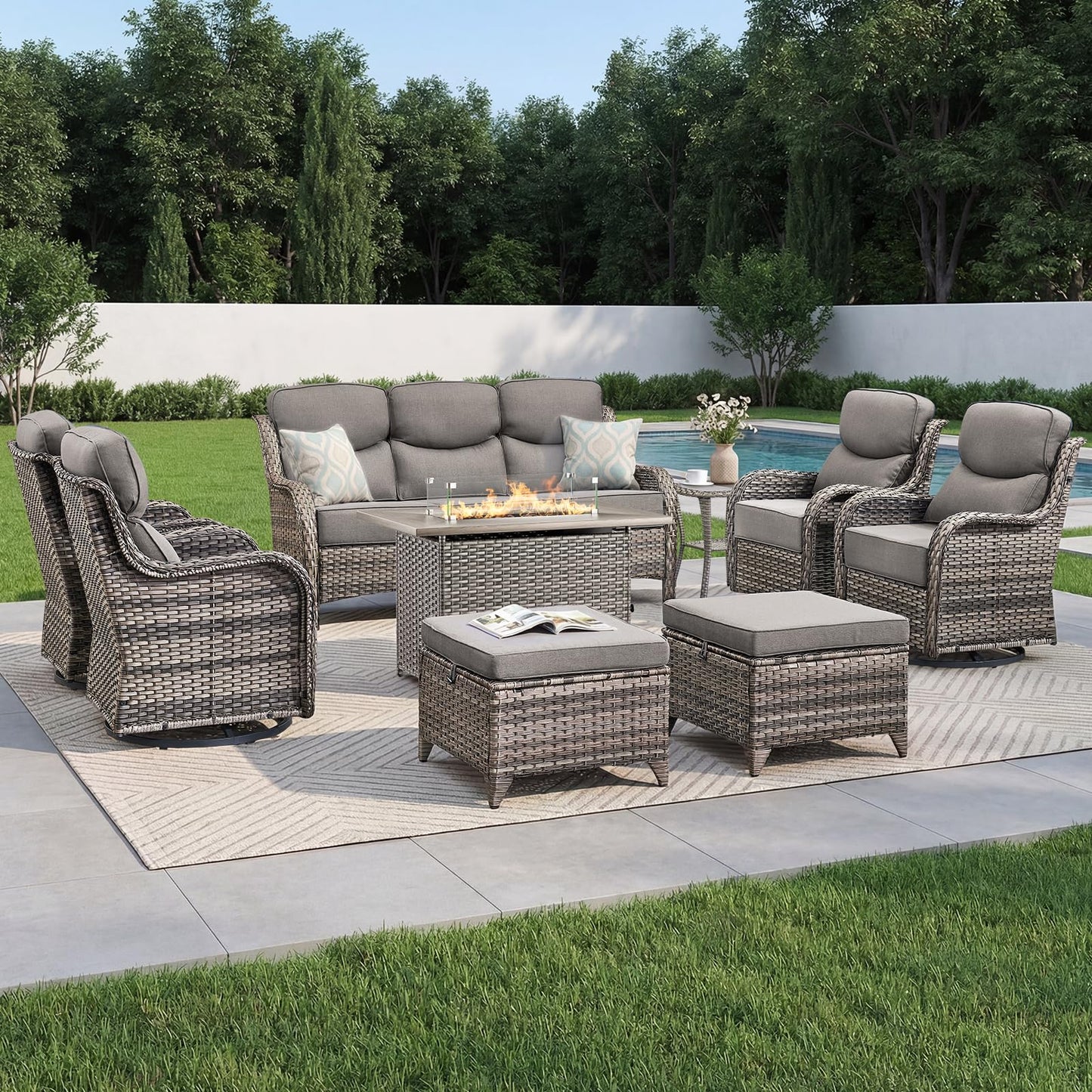 Luxury Patio Furniture Set with 6-inch Thick Cushion, Outdoor Furniture with Fire Pit Table, Swivel Chairs, Sofa, Side Table, Ottomans, 9pcs Wicker Conversation Set(Brown Wicker | Grey Cushion)