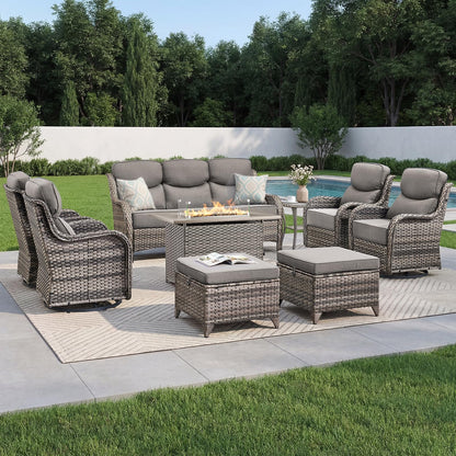 Luxury Patio Furniture Set with 6-inch Thick Cushion, Outdoor Furniture with Fire Pit Table, Swivel Chairs, Sofa, Side Table, Ottomans, 9pcs Wicker Conversation Set(Brown Wicker | Grey Cushion)