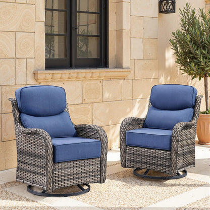 Luxury Patio Furniture Set with 6-inch Thick Cushion, Outdoor Furniture with Fire Pit Table, Swivel Chairs, Sofa, Side Table, Ottomans, 9pcs Wicker Conversation Set(Brown Wicker | Grey Cushion)