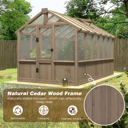 Yardenaler 8x16 FT Greenhouse for Outdoor, 6MM Thick Polycarbonate Panel Wooden Walk-in Green House with Adjustable Roof Vents and Lockable Door, Backyard Garden, Light Mocha Brown