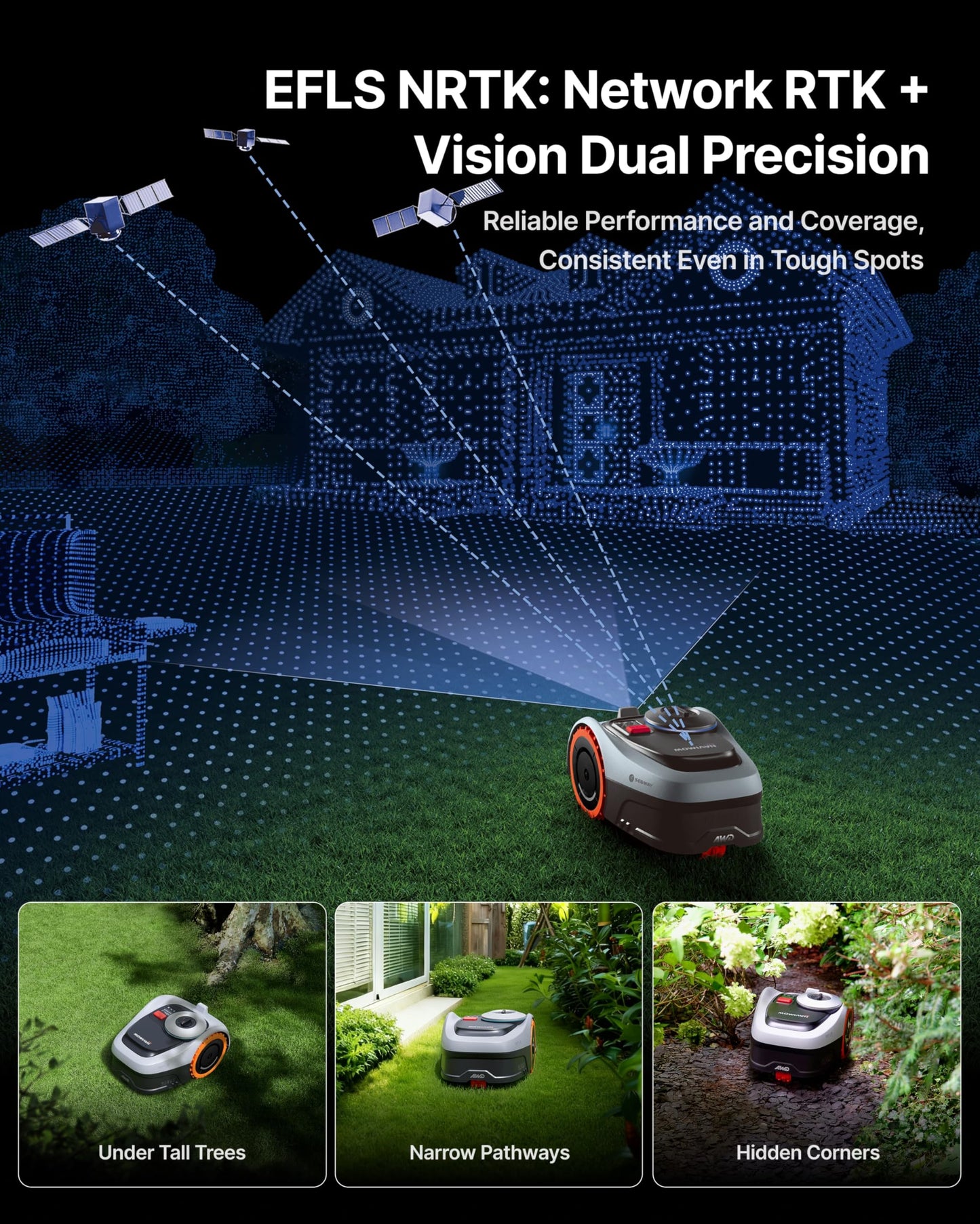Segway Navimow i110N Robot Lawn Mower Perimeter Wire Free 1/4 Acre RTK+Vision Robotic Lawnmower, AI-Assisted Mapping, Virtual Boundary, APP Control, 58dB(A) Quiet, Multi-Zone Management