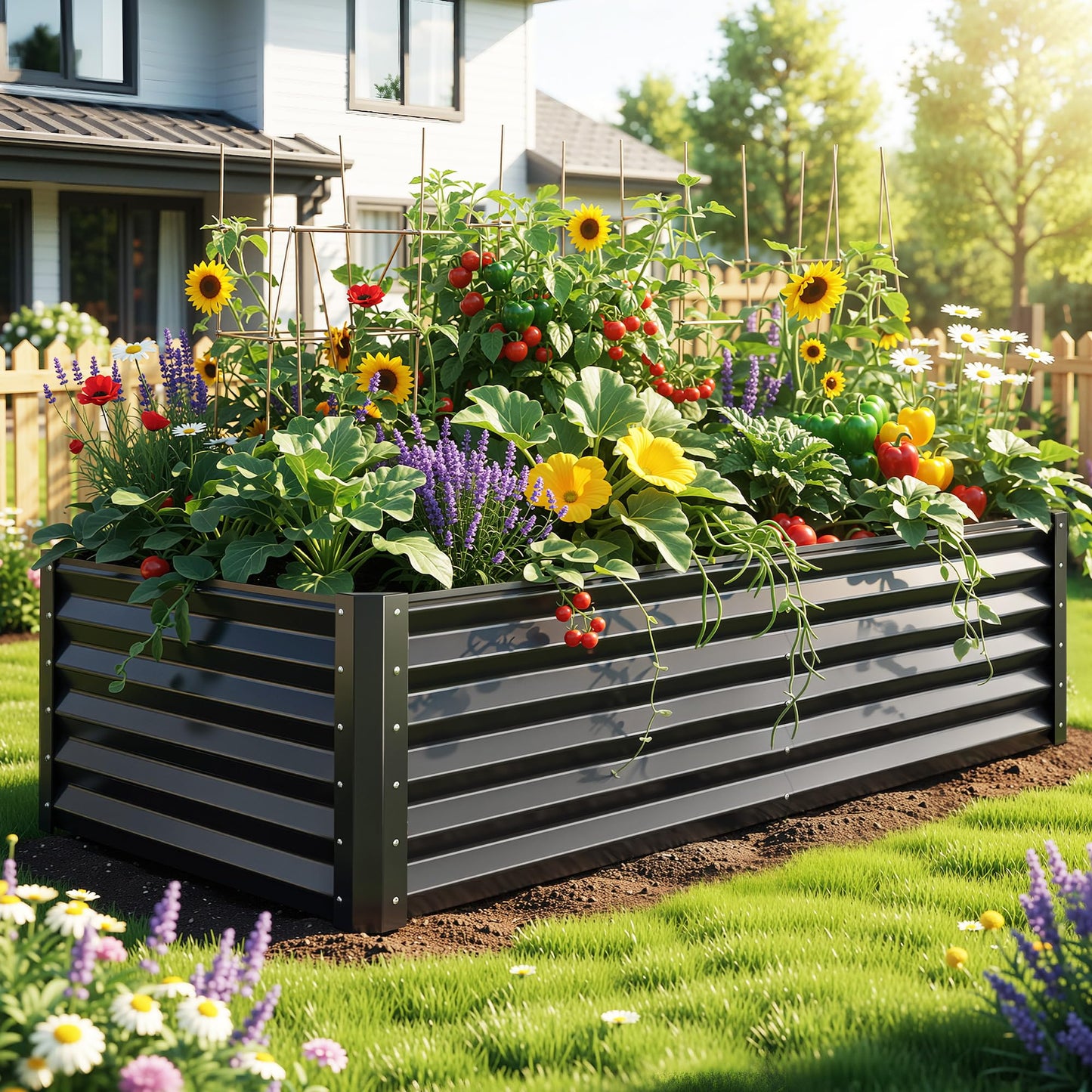 YITAHOME 6pcs 8x4x2 ft Galvanized Raised Garden Bed Kit, Large Metal Planter Box with Gloves, Safety Rubber & Support Rod, Outdoor Flower Bed for Plants Vegetables, Green