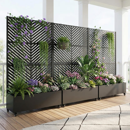 72" H Metal Raised Garden Bed with Trellis and Wheels, Privacy Screen Outdoor Planter Box with Decor Leaf Pattern, Large Mobile Vertical Planter for Patio, Balcony & Backyard