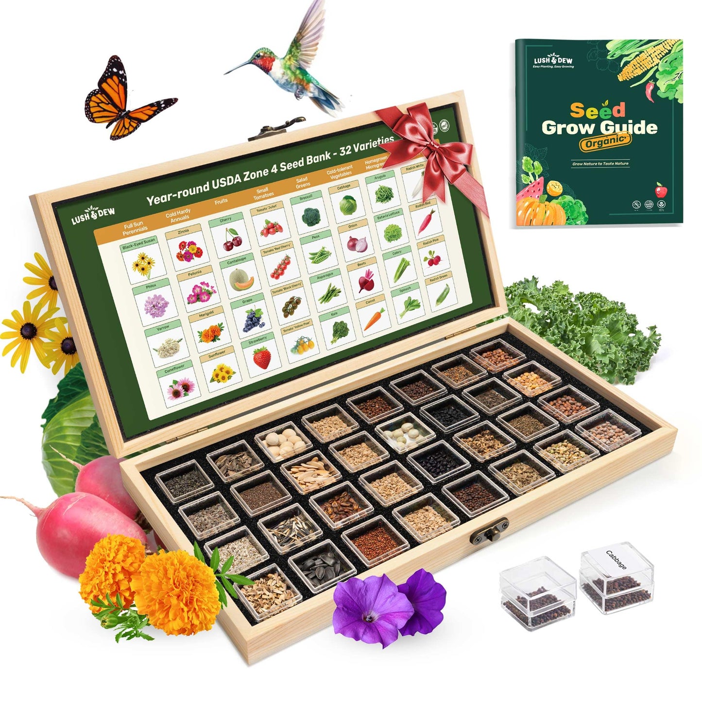 Lush&Dew Year-Round USDA Zone 9 Seed Bank, Gardening Gifts for Women Men, 32 Varieties Non-GMO Heirloom Seeds of Vegetables Herbs Fruits, Gift for Mom Dad, Survival Seed Kit for Raised Garden Beds