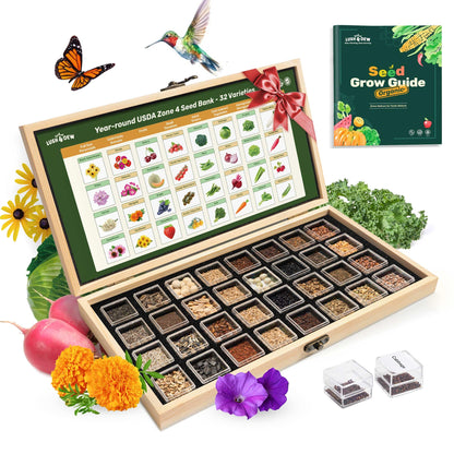 Lush&Dew Year-Round USDA Zone 9 Seed Bank, Gardening Gifts for Women Men, 32 Varieties Non-GMO Heirloom Seeds of Vegetables Herbs Fruits, Gift for Mom Dad, Survival Seed Kit for Raised Garden Beds