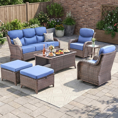 Luxury Patio Furniture Set with 6-inch Thick Cushion, Outdoor Furniture with Fire Pit Table, Swivel Chairs, Sofa, Side Table, Ottomans, 9pcs Wicker Conversation Set(Brown Wicker | Grey Cushion)